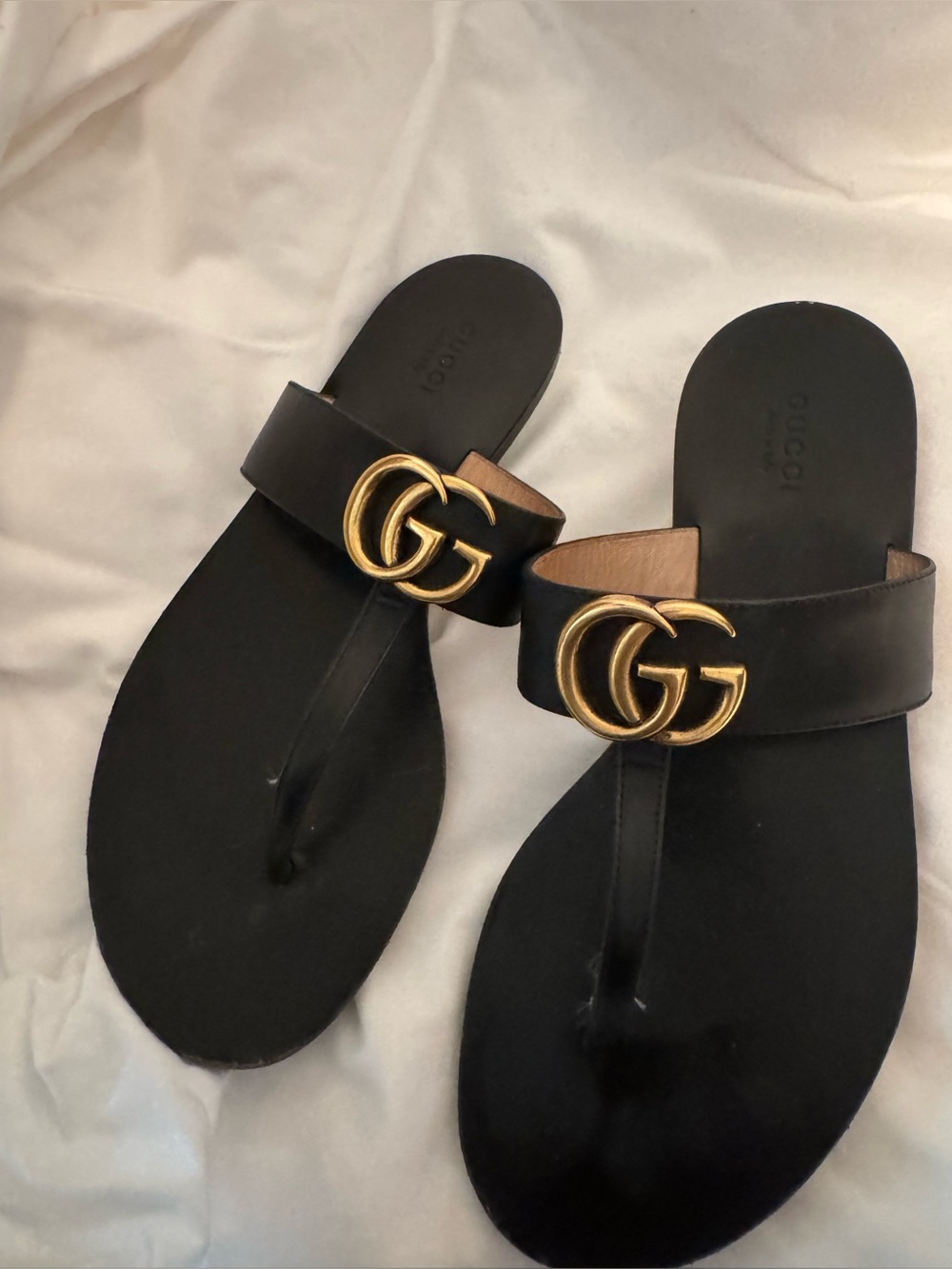 Gucci Black Leather Sandal with Gold Double G Logo